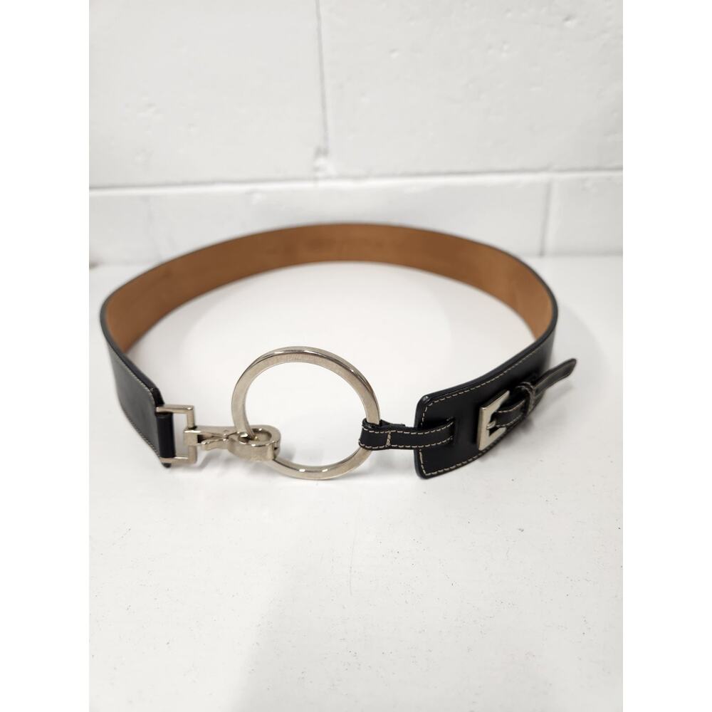 Vintage Talbots Black Leather Belt Silver Equestrian Style Ring Buckle, Size XL